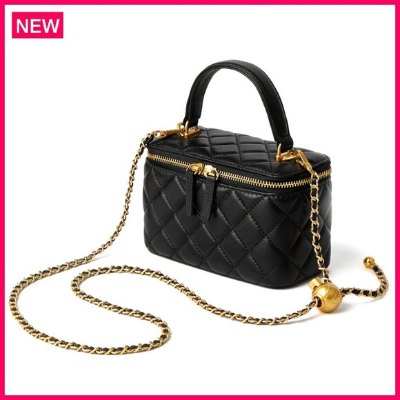 Handbags - Small Quilted Leather Crossbody Bag with Chain Strap Mini Top Handle Pouch